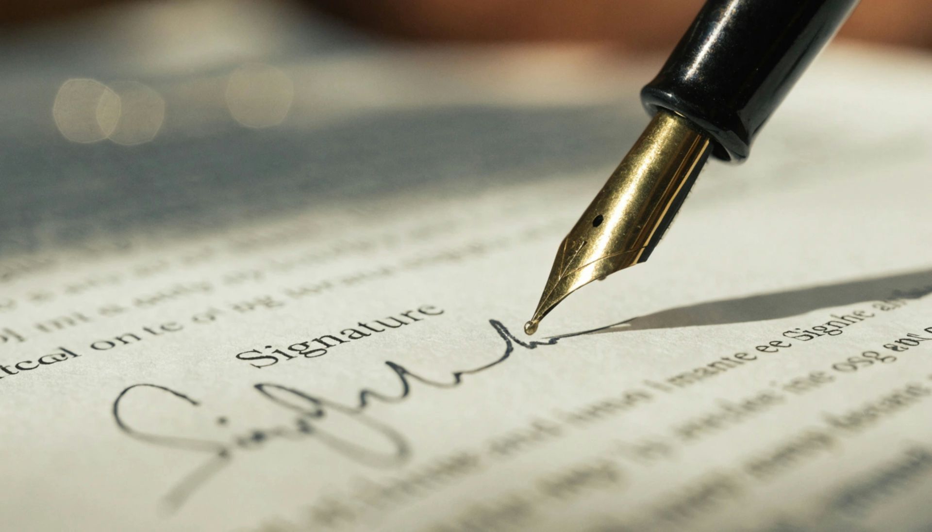 A fountain pen writes a signature on a document.